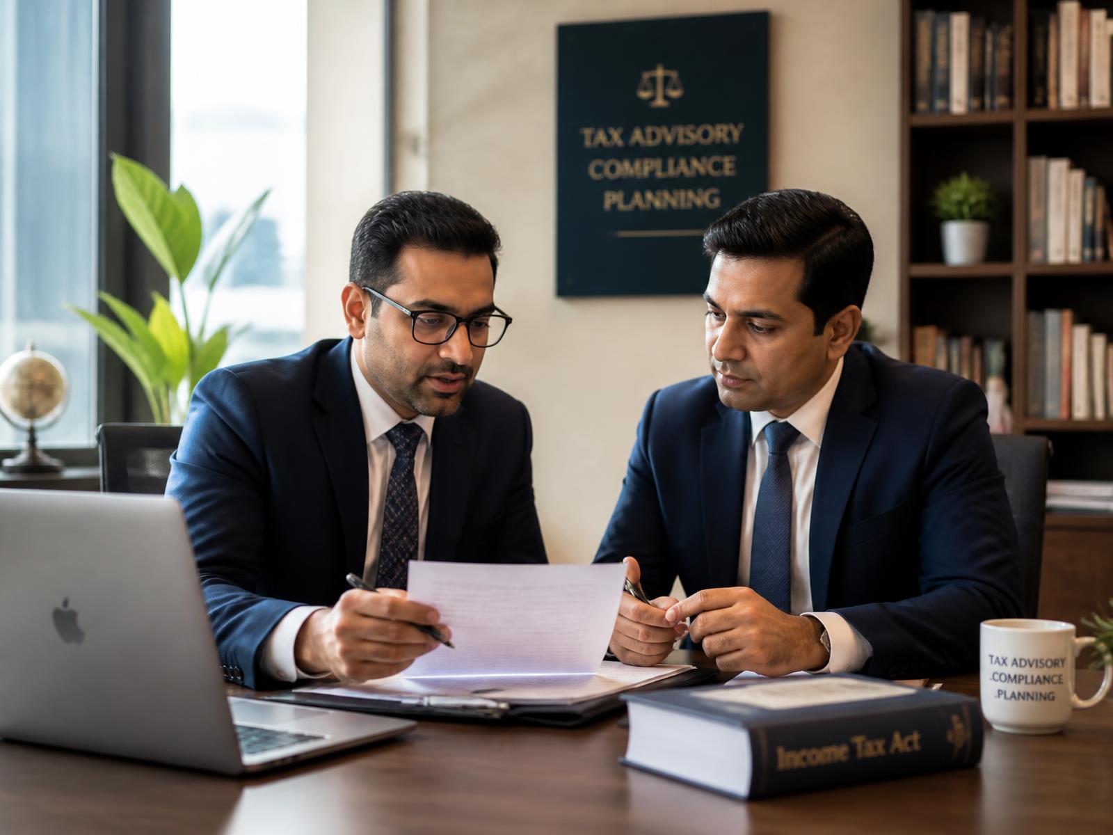 Tax consultants reviewing a GST notice and legal documents in a professional office